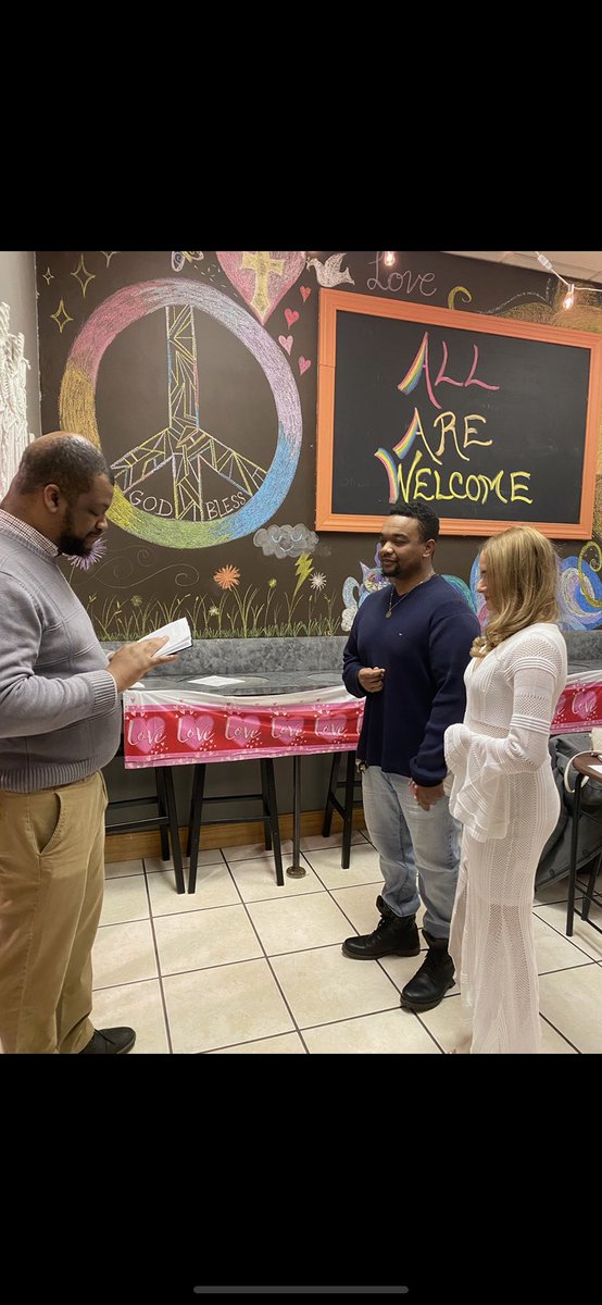 kimibowden's tweet photo. Since it was strongly recommended by Liberty Travel, we got married by our Pastor Joel Moorefield Jr. At that time, we thought we would still have our symbolic beach wedding in Mexico. Covid-19 had other plans. Thank you Kara Ferguson for allowing us to get married in your cafe! https://t.co/iVXMy3a8vo