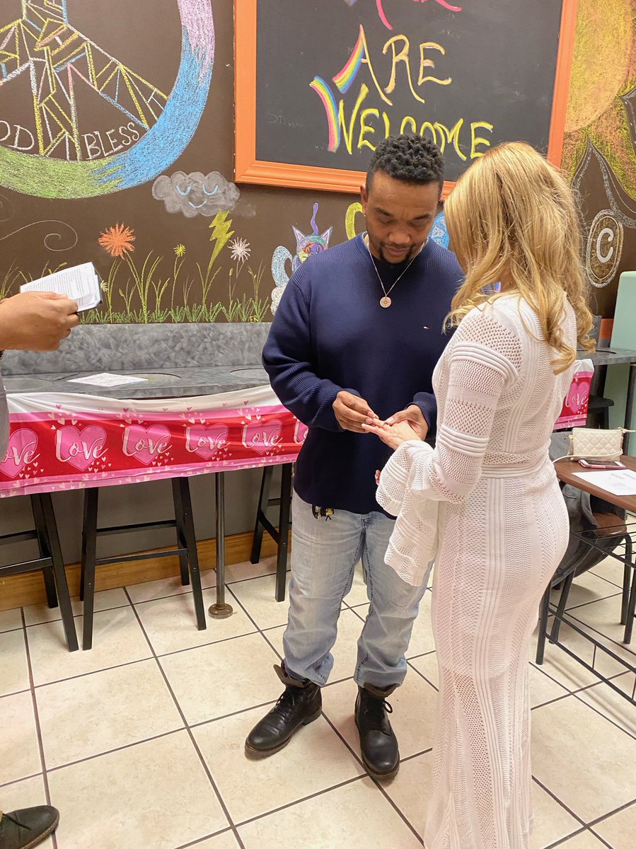 kimibowden's tweet photo. Since it was strongly recommended by Liberty Travel, we got married by our Pastor Joel Moorefield Jr. At that time, we thought we would still have our symbolic beach wedding in Mexico. Covid-19 had other plans. Thank you Kara Ferguson for allowing us to get married in your cafe! https://t.co/iVXMy3a8vo