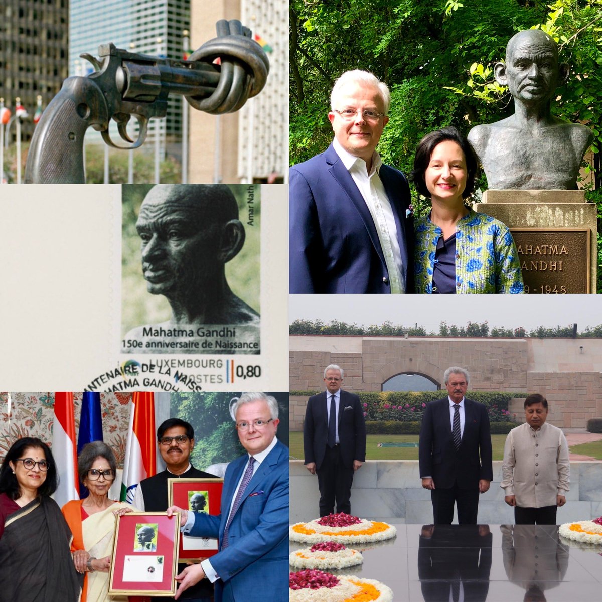 Happy #GandhiJayanti commemorating #MahatmaGandhi remembering last years celebrations and the launch of the special stamp. Celebrating the internat. Day of #nonviolence 🇱🇺 🇺🇳🇮🇳 #KnottedGun sculpture #nonviolence by C.F. #Reutergift gifted by the 🇱🇺 Gov. to the #UN #LUinIndia