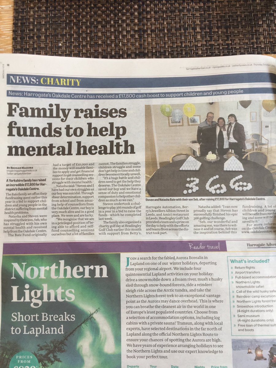 BateNatasha's tweet photo. Harrogate Advertiser, page 18 - honoured and overjoyed. Heroic effort by my Steve; our Seb has been an inspiration to do this unique fundraising and so proud of raised funds to help children with their mental health struggles and support Oakdale Centre in Harrogate. 💛💙❤️ https://t.co/0FdIOj9S7k