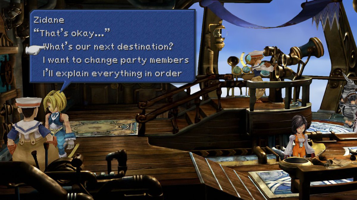 This guy on the bridge of the airship gives a little blurb about what you're meant to be doing (with the option of a more complete synopsis that Zidane explains to him, because the sailor is shy and afraid he'll get it wrong). It's handy to have once the world opens up!