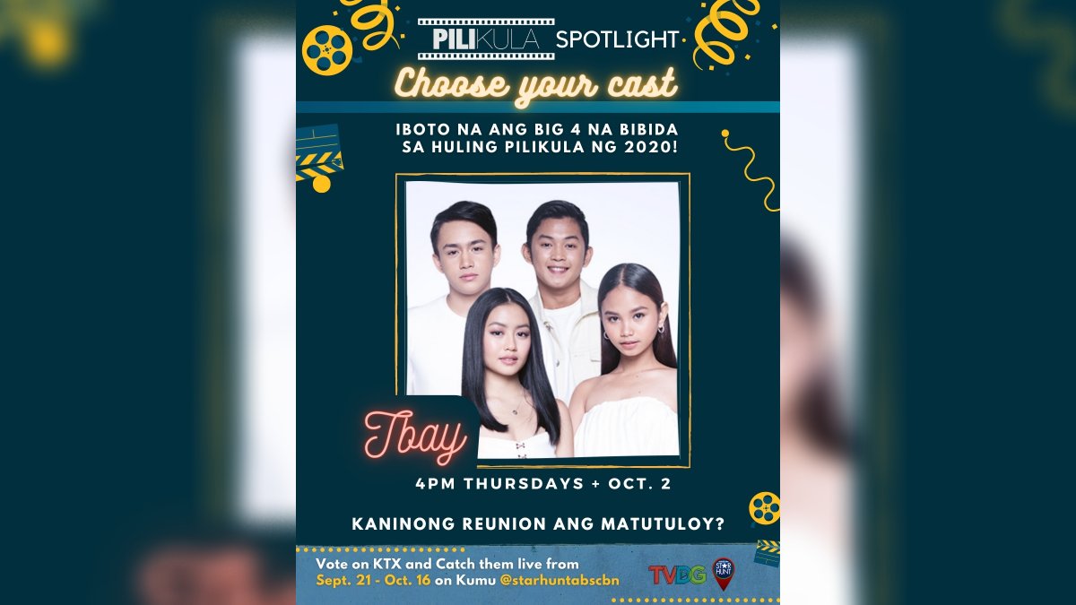 starhuntabscbn's tweet photo. Samahan ang TBAY sa PILIkula Spotlight! At dahil Friday today, may chance kaya silang makumpleto mamaya? Abangan yan!
Gusto niyo bang bumida ang TBAY sa huling PILIkula ng 2020? Vote on KUMU and score more points thru voting tickets on https://t.co/ErutWh6oQu https://t.co/NITC8TZCXc