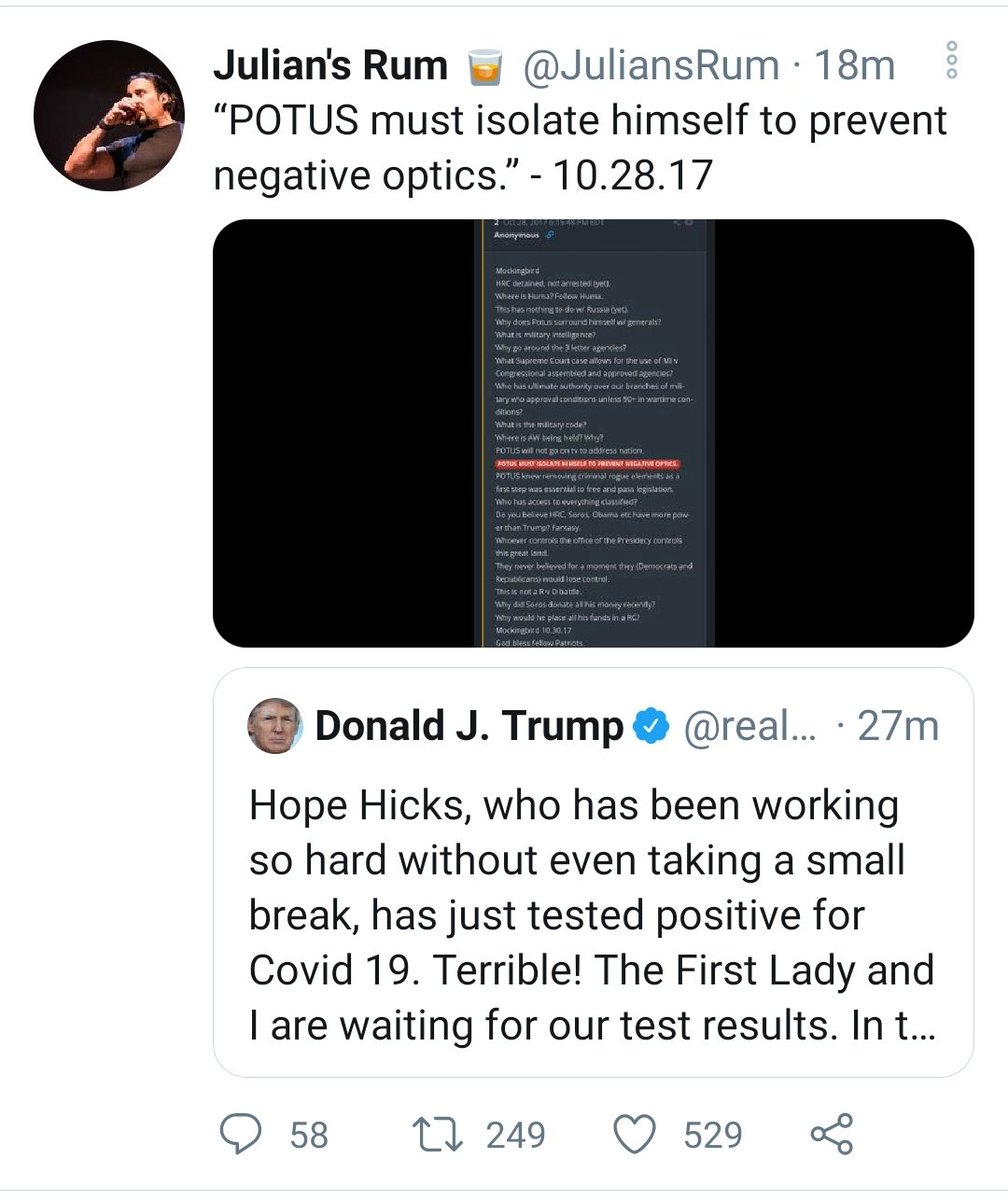 QAnon believers think the president is pretending to go into quarantine because The Storm Is Upon Us For Real This Time Just Like All The Other Times.
