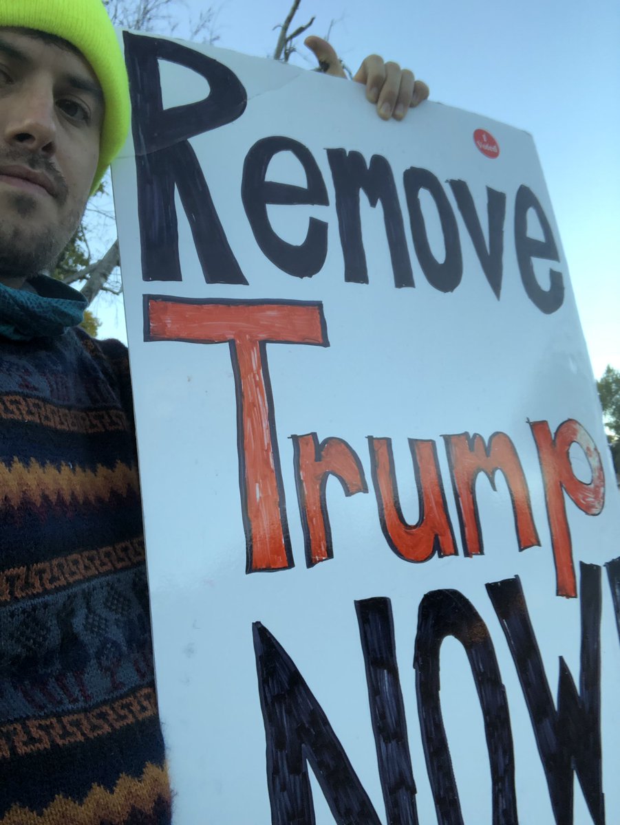 MisterMadamAdam's tweet photo. @MsKellyMHayes I’ve been standing with this ‘remove trump now’ sign and just made this bigger banner today.
A large portion of People in my area are super excited to see this message.

I will keep raising it up and trying to get people to stand with me.
(I voted two weeks ago)
#RemoveTrumpPence https://t.co/clKnodv4Lp