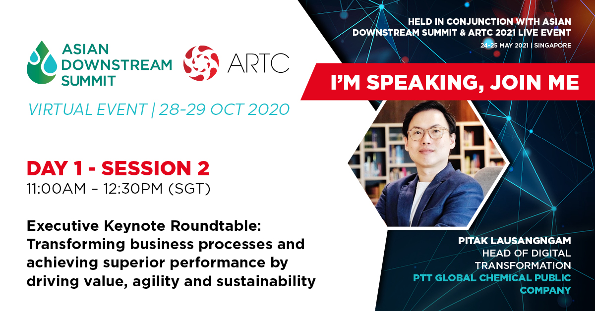 ARTC_WRA's tweet photo. We are pleased to welcome Pitak Lausangngam, Head of Digital Transformation, PTT Global Chemical Public Company at ARTC &amp; @DownstreamSMT VIRTUAL on 28-29 October. Click here to register: https://t.co/nY9NdB0BPH and to view the full agenda, speaker line-up and more #ARTC20 https://t.co/RKJez25w61