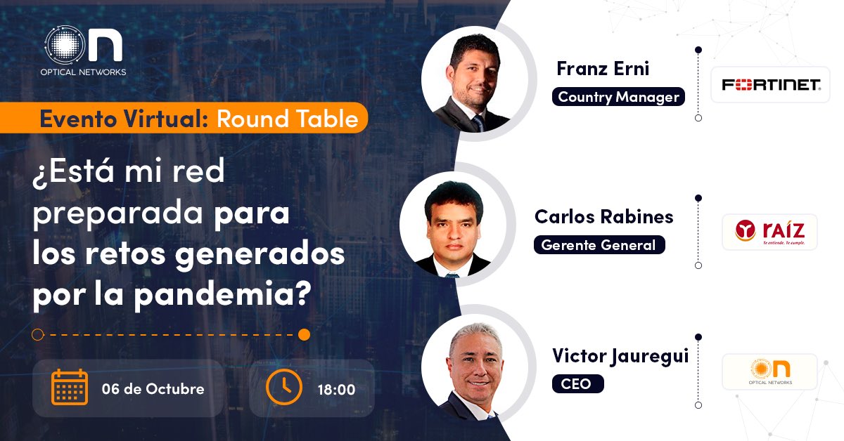 _vjauregui's tweet photo. Los invito al Virtual Roundtable del próximo martes, donde junto a Franz Erni, country manager de @Fortinet en Perú, y Carlos Rabines, gerente general de Caja Raíz, analizaremos el impacto de la pandemia en la gestión de redes y el reto de reducir OPEX. 
https://t.co/0R7pI0M3F3 https://t.co/yNnr7VZtsU