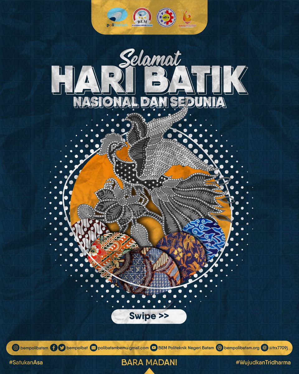 bempolbat's tweet photo. [HIBERNASI: HARI BATIK NASIONAL]
.
.
Asal mula ditetapkannya Hari Batik pada 2 Oktober adalah berdasar pada penetapan Perserikatan Bangsa-Bangsa (PBB).
.
Pada tanggal 2 Oktober 2009 PBB melalui..
https://t.co/lxrVolyX41
#BEMPolibatam #BEM2020 #BaraMadani #HariBatikNasional https://t.co/6psHD4rIe7