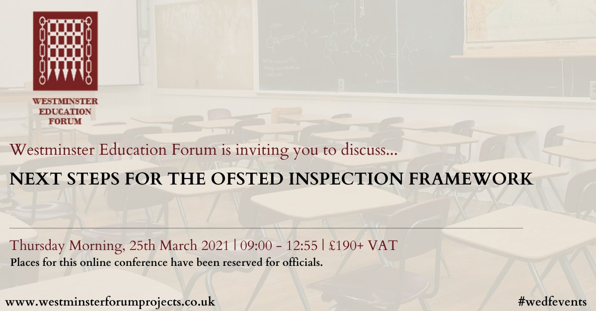 Are you interested in discussing the Next steps for the #Ofsted inspection framework? Join us on the 25th March 2021 with speakers including <a href="/ProfDanielMuijs/">Daniel Muijs</a> <a href="/Ofstednews/">Ofsted</a>, <a href="/drmattoleary/">Prof Matt O'Leary</a> <a href="/MyBCU/">Birmingham City University</a>, <a href="/j_glazzard/">Prof Jonathan Glazzard 🏳️‍🌈 🇺🇦</a> <a href="/leedsbeckett/">Leeds Beckett</a>! Click here to find out more: bit.ly/39meRya