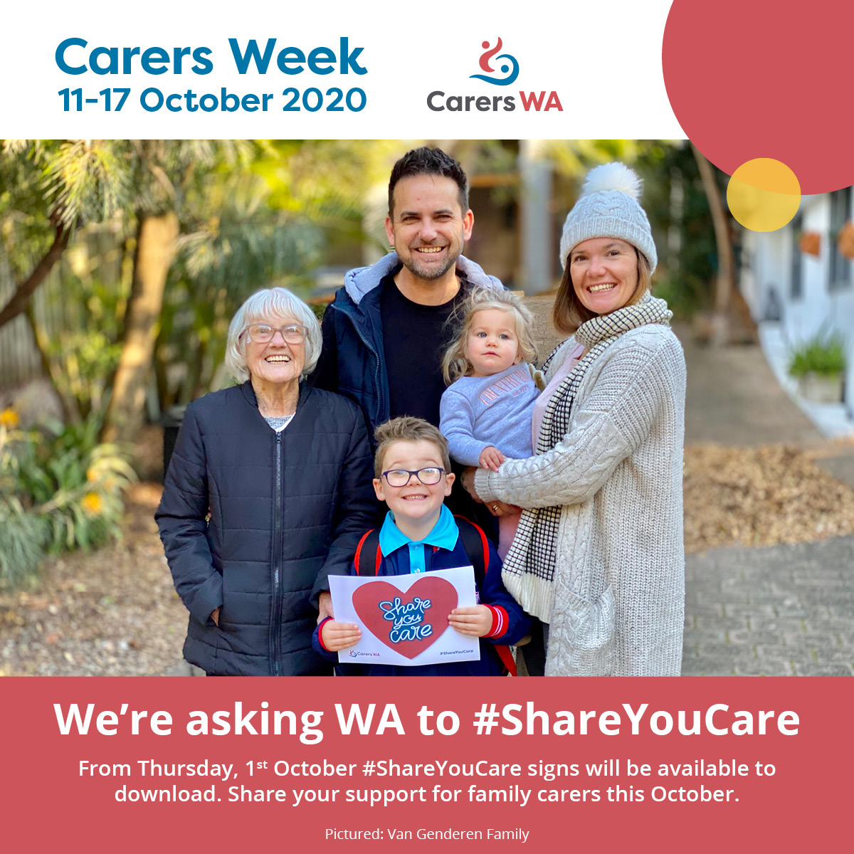 CarersWA's tweet photo. ❤️ This Carers Week (11th-17th October) we're asking WA to #ShareYouCare about WA's unpaid family carers. ❤️

Signs are available for download at https://t.co/ibQ9HBpqsH so you can post an image of yourself holding the sign on your socials, just like the Van Genderen family. 🤳 https://t.co/IykPowSBoO