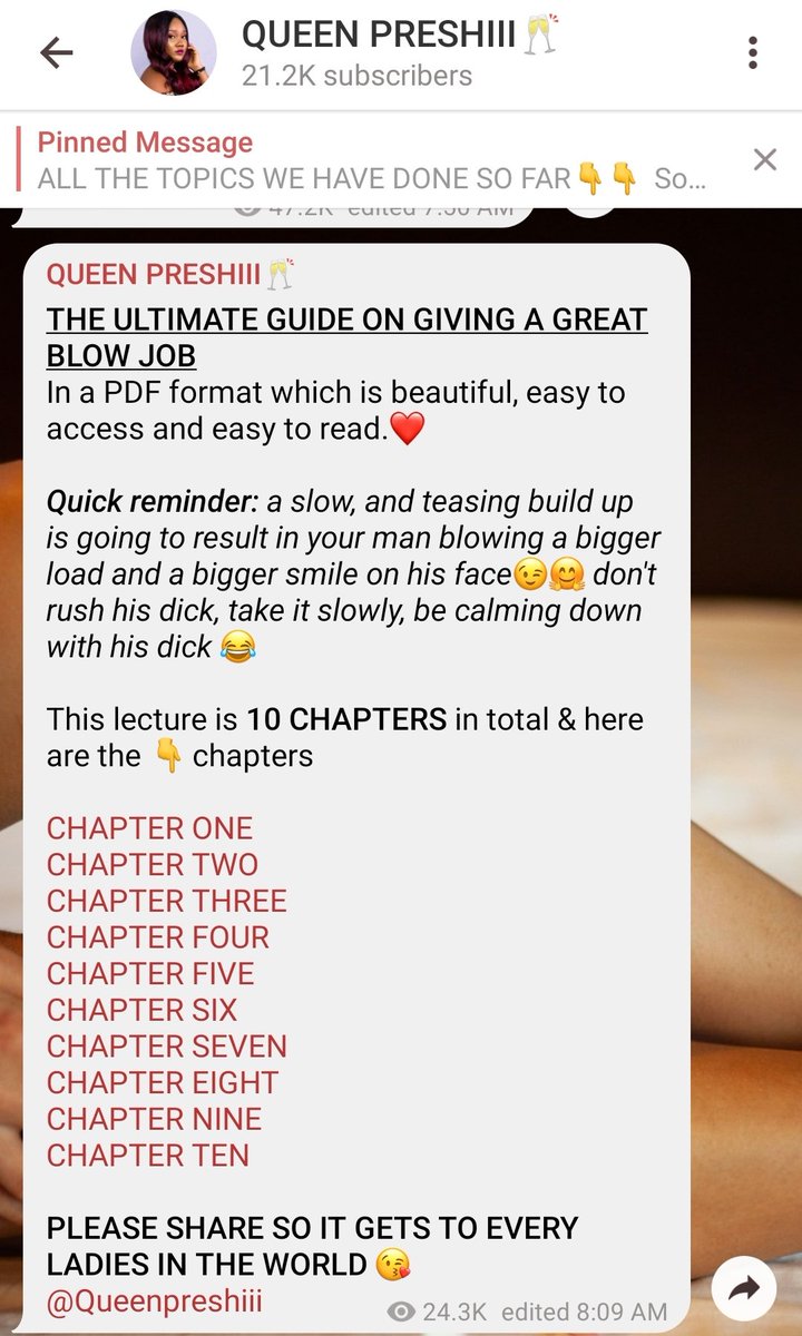 Go ahead and suck them. The JUICE help to smoothen the path for the dick and to prevent it from getting hurt!• Suck him so hard while your hand romances his nipple. USING THE BLOW JOB GUIDE Join my telegram channel  https://t.me/joinchat/AAAAAFYNi5mvXg3C_fwmEQ and read it up.
