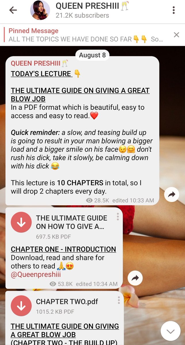 Go ahead and suck them. The JUICE help to smoothen the path for the dick and to prevent it from getting hurt!• Suck him so hard while your hand romances his nipple. USING THE BLOW JOB GUIDE Join my telegram channel  https://t.me/joinchat/AAAAAFYNi5mvXg3C_fwmEQ and read it up.