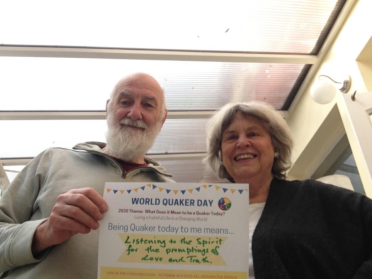 What does being a #Quaker mean to you?

Meet our wonderful <a href="/FWCCWorldOffice/">Friends World Committee</a> Treasurer, Fenwick, and his partner Jenny, sharing their <a href="/WorldQuakerDay/">World Quaker Day</a> sign for this Sunday.

They say being a #Quaker to them means: 'listening to the spirit for the prompting of love and truth'. #WQD