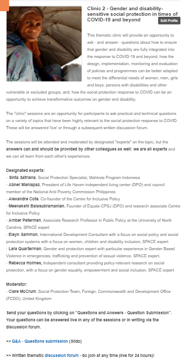 ValentinaBarca_'s tweet photo. Clinic #2 #Gender and #disability-sensitive #socialprotection in times of #COVID19 and beyond, co-hosted by the SPIAC-B gender working group, @unprpd @soc_protection @UNICEFSocPolicy @FCDOInclusive. Submit and prioritise questions for discussion here: https://t.co/ls62QN95cA https://t.co/4dFlr4rKOW