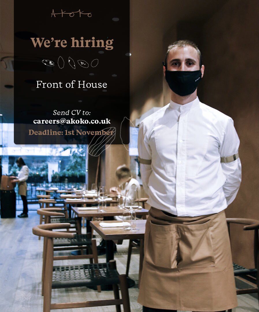 The Akoko team is growing! We are on the look out for ambitious Front of House staff who are ready to grow and learn about West African cuisine. If you think you’d be a good fit, please send your CV to careers@akoko.co.uk Location: Central London Deadline: 1st November.