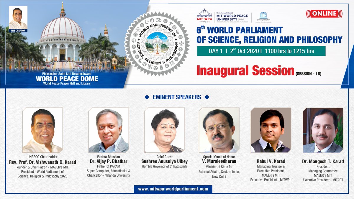 MITWPUOfficial's tweet photo. Join us in the inaugural session of the 6th edition of the World Parliament of Science, Religion and Philosophy. Watch Live on Oct 2, 2020 at 11 AM on https://t.co/ek5LeI0jxD. Or join the webinar on https://t.co/d9wlNLrtkR
#WorldParliament2020 #WorldPeace #Dome https://t.co/UneZJquwl2