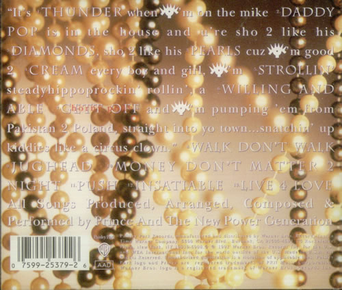 Speaking of Prince + rap, the cover art for the 'Diamonds and Pearls' album also featured lyrics to Prince's own rap from the song "Push", which namechecked one-half of the tracklisting.(As well as "Horny Pony", which was pulled from the final tracklisting before release.)