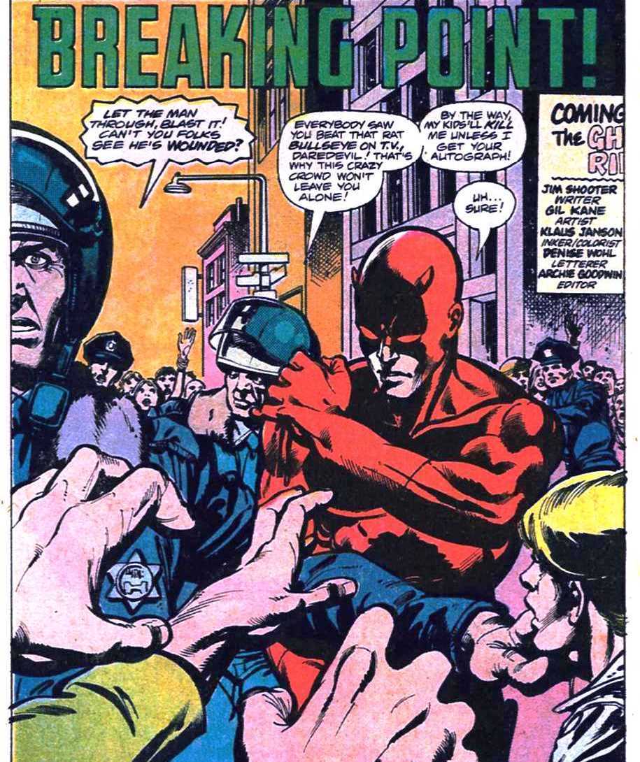 DD # 147-151. Accused of being involved in several crimes, including the kidnapping of Foggy's girlfriend Debbie Harris, Maxwell Glenn (Heather's father) ends up being handed over to the police by Daredevil.