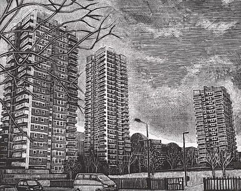 Contemporary UK artist, printmaker Louise Hayward, known for her engravings of post-war London housing estates and architecture of 1960s and 1970s #womensart