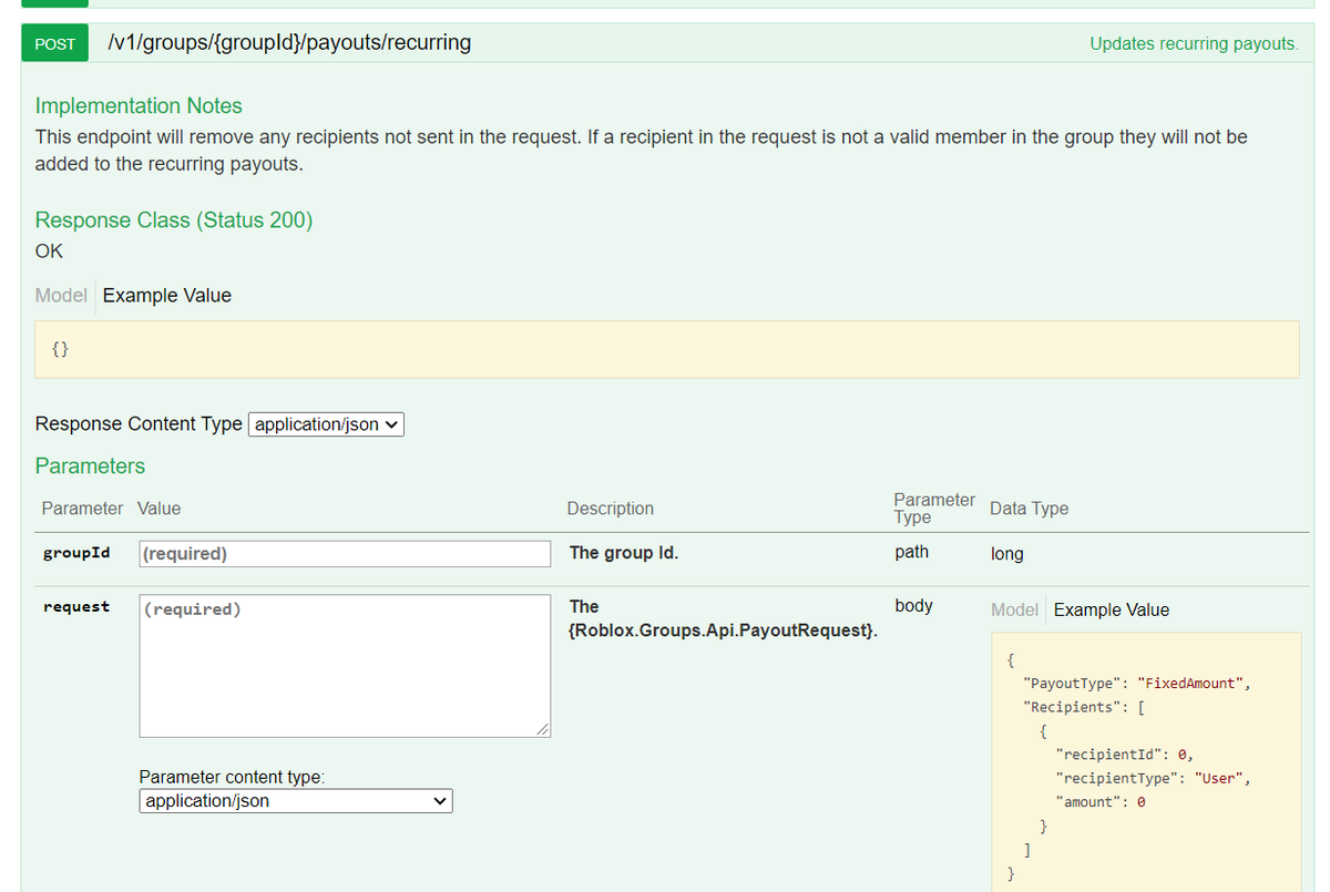 1) You're going to need to go to the Roblox API page, because the payouts page is experiencing a visual bug, we can just send an HTTP request to update the payouts ourselves, getting past the recurring payouts page. API:  https://groups.roblox.com/docs#!/Revenue/post_v1_groups_groupId_payouts_recurring