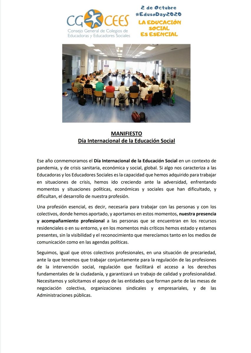 CGCEES's tweet photo. Manifiesto por el Día Internacional de la Educación Social. 📃
"POR UNA SOCIEDAD IGUALITARIA:
LA EDUCACIÓN SOCIAL IMPRESCINDIBLE Y REGULADA".
#EdusoDay2020
#LaEducaciónSocialesNECESARIA 
https://t.co/I50CjsTdo6 https://t.co/Gl2TK2QEMw