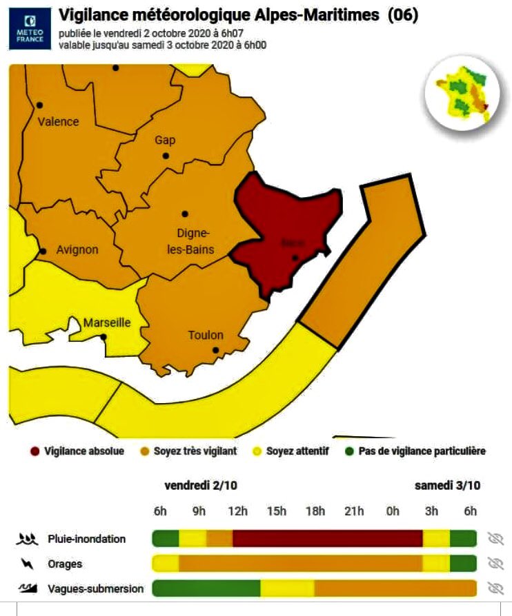 Les #AlpesMaritimes sont en #AlerteRouge pluies inondations. Soyez prudents.