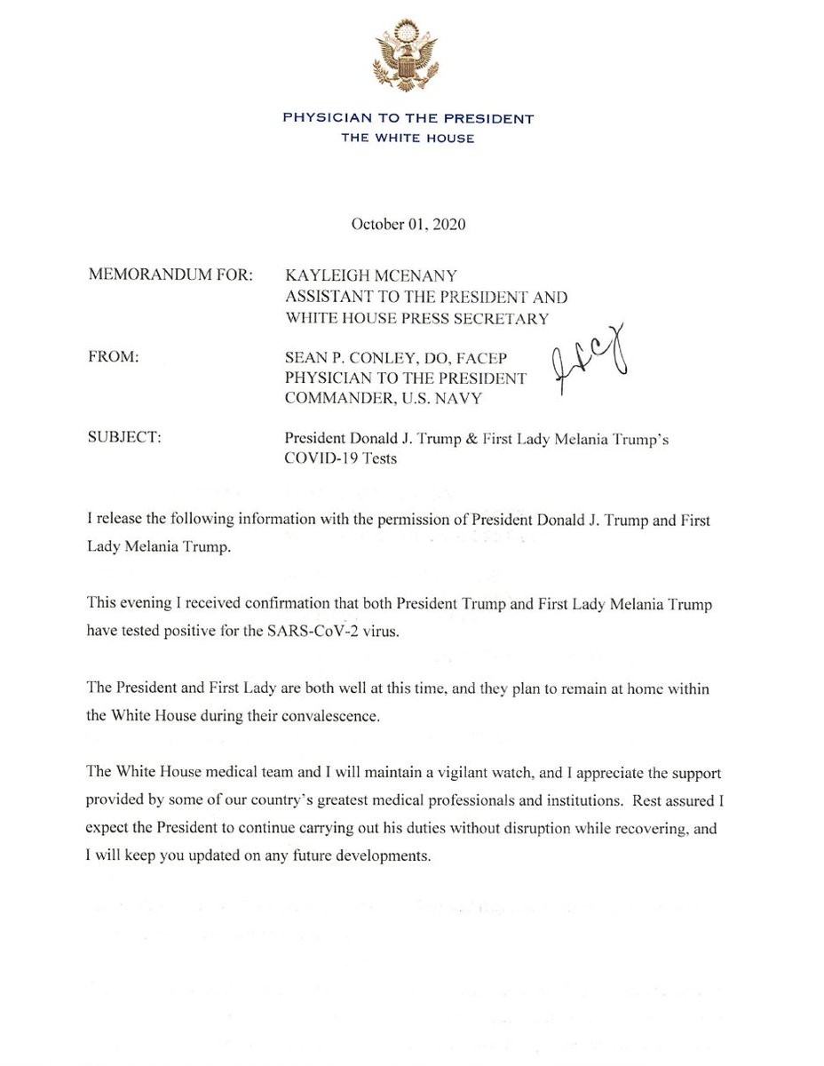 apimientaDC's tweet photo. 🚨#ULTIMAHORA En memorándum médico de la Casa Blanca dice que espera que el Presidente Trump continuará “cumpliendo con sus deberes sin interrupciones”. El Presidente está en un grupo de alto riesgo al tener 74 años. https://t.co/Hn3ACZEIeA