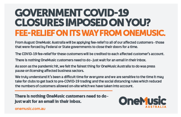 Was your club or business forced to close its doors for a period of time due to government COVID-19 closures? 

Thankfully, <a href="/OneMusicAu/">OneMusic</a>  is here to help by applying fee-relief to all affected customers!

Keep an eye on your inbox for the fee relief!