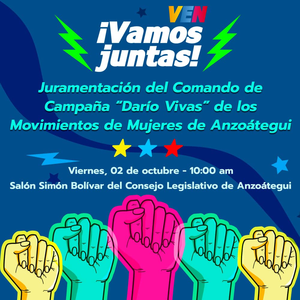 #2Oct Se realizará hoy la juramentación del Comando de Campaña Regional de Movimientos Sociales de Mujeres Dario Vivas en #Anzoátegui a las 9:00 am @luisjmarcano @KyraAndrade_27 @CLARAVIDALV @carcast02 @psuvaristobulo @EekhoutBlanca #VenVamosJuntas #JuntasARecuperarLaAsamblea