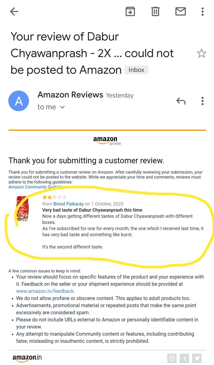  @amazonIN  @AmazonHelp  @amazon  @DaburIndia  @Immunity4you When I gave a review regarding same on Amazon, they said my review can't be posted. In fact I had not uses any kind of bad words though.Seems like  #Amazon doesn't allow bad reviews for few vendors.Refer screenshot