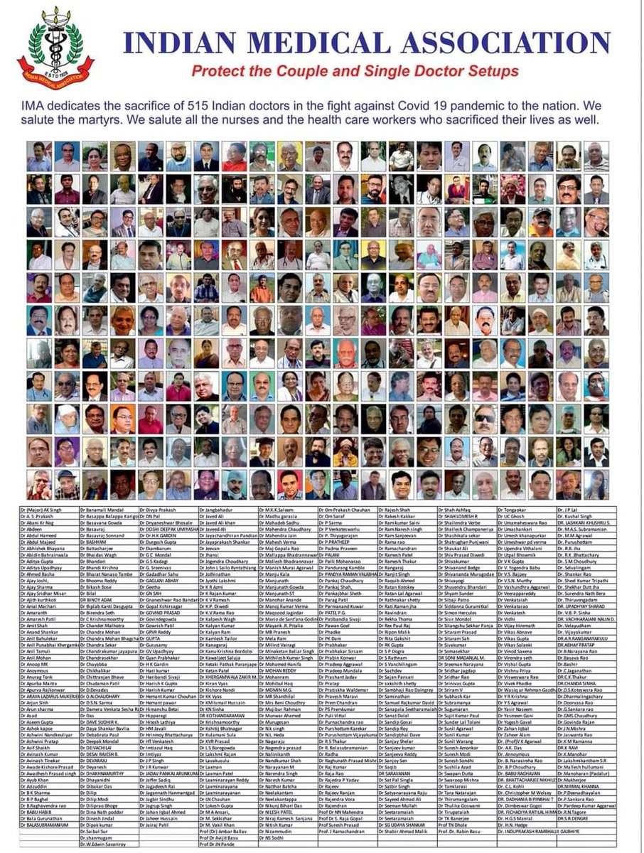 DrMeet_Ghonia's tweet photo. Till Now, 515 Indian Doctors sacrificed their Lives for Nation. Salute to all Martyrs. 

Salute to all Nurses and Healthcare Workers also who Sacrificed their Lives! https://t.co/JfN1zkW7Az