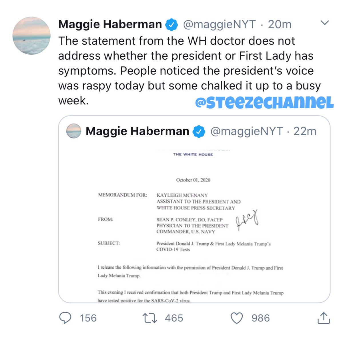 SteezeChannel's tweet photo. U.S. President Donald Trump and First Lady Melania Trump have tested positive for COVID-19.
Trump made the announcement via Twitter early on Friday morning.
•
•
#SteezeChannel #DonaldJTrump #COVID19 #lydiaforson #PresidentialDebate #CeltaBarca #feelthebreast https://t.co/5pK0FH4BkT