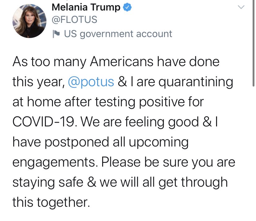 El presidente <a href="/realDonaldTrump/">Donald J. Trump</a> y la Primera Dama <a href="/FLOTUS/">First Lady Melania Trump</a>  dan positivo al #COVID19