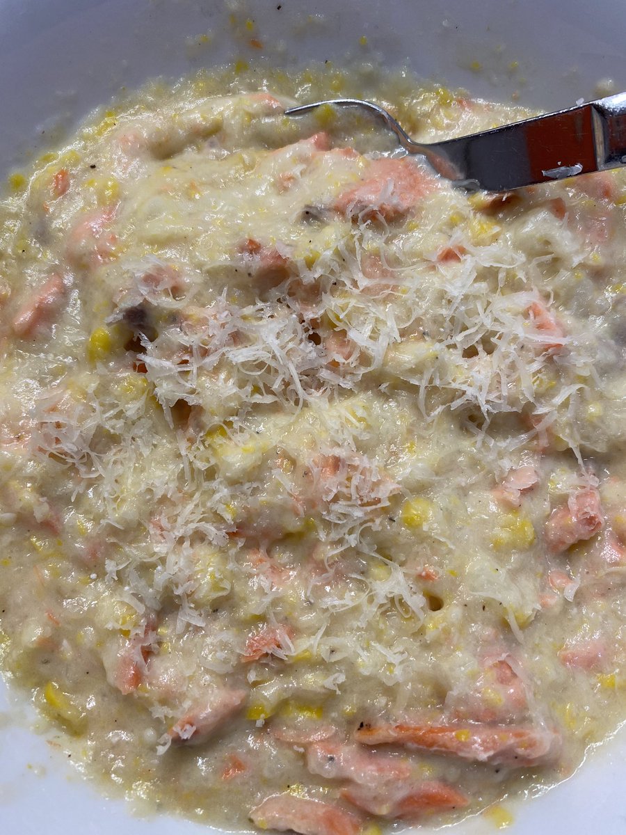 Coconut corn chowder with salmon
