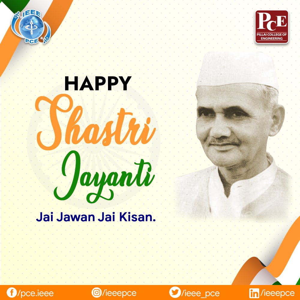 IEEE PCE (@ieee_pce) on Twitter photo Today we celebrate Gandhi Ji's 151st and our country's 2nd Prime Minister, Lal Bahadur Shastri Ji's 116th birth anniversary.
IEEE PCE wishes all of you a very Happy Jayanti of our leaders who led us from the front. <a href="/aviinashvaidya/">Dr. Avinash R. Vaidya</a> <a href="/pillaicollege/">Pillai College</a> pic.x.com/25Ns3f00VS Today we celebrate Gandhi Ji's 151st and our country's 2nd Prime Minister, Lal Bahadur Shastri Ji's 116th birth anniversary.
IEEE PCE wishes all of you a very Happy Jayanti of our leaders who led us from the front. <a href="/aviinashvaidya/">Dr. Avinash R. Vaidya</a> <a href="/pillaicollege/">Pillai College</a> pic.x.com/25Ns3f00VS