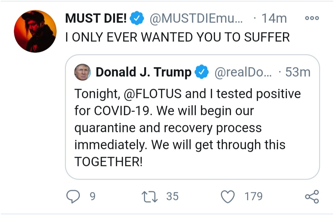 Thread of Blue Check Marks gleefully celebrating and hoping that Trump dies