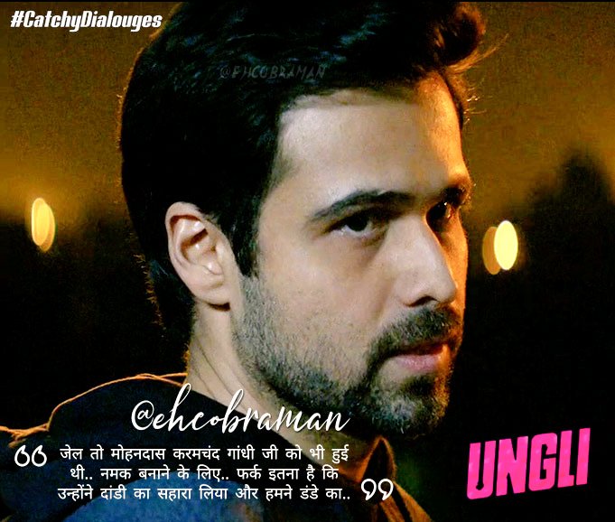 EHCOBRAMAN's tweet photo. #CatchyDialouges "Jail to Mohandas Karamchand Gandhiji ko b Hui thi Namk Banane k liye, Fark itna hai ki unhone dandi ka sahara liya humne dande ka" @emraanhashmi #Ungli @RensilDSilva @RandeepHooda @duttsanjay @Imangadbedi @neilbhoopalam @KanganaTeam @karanjohar #GandhiJayanti https://t.co/SRtX6Lqxyj