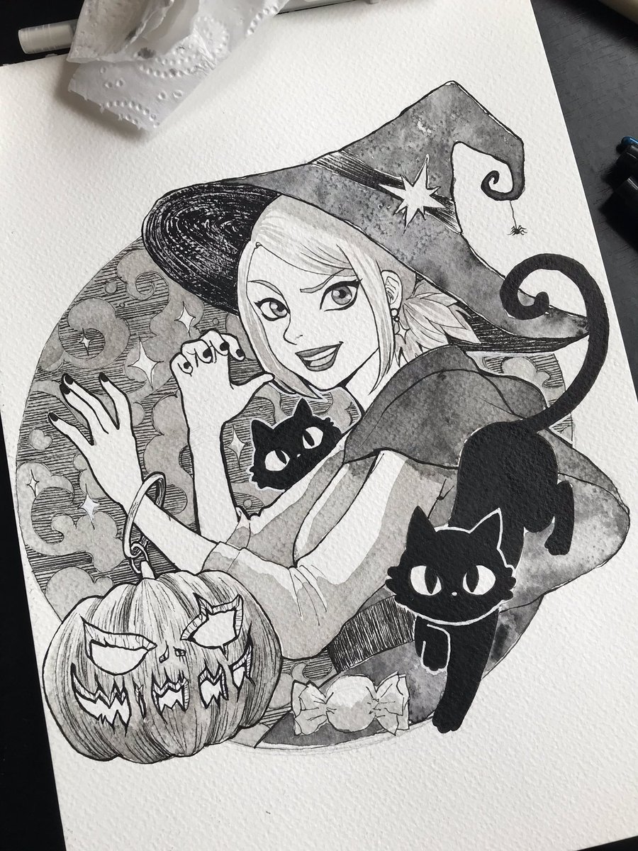 chizuarts's tweet photo. Happy Spooky Season! 🎃🦇#chizuarts #inktober2020 #spooktober2020 #HappyHalloweenmonth #witchillustration #jackolantern #inktechniques (my phone cam beats the quality of my scanner lol) https://t.co/eJm2VwMmTw
