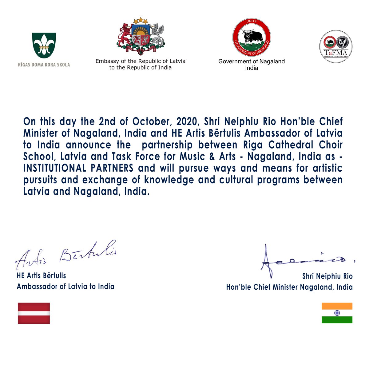 On this solemn day, we have the honor to announce that we have signed a Memorandum of Understanding with the state of Nagaland on cooperation in music education and cultural exchange. Thank you Shri Neiphiu Rio, Hon'ble Chief Minister of Nagaland!