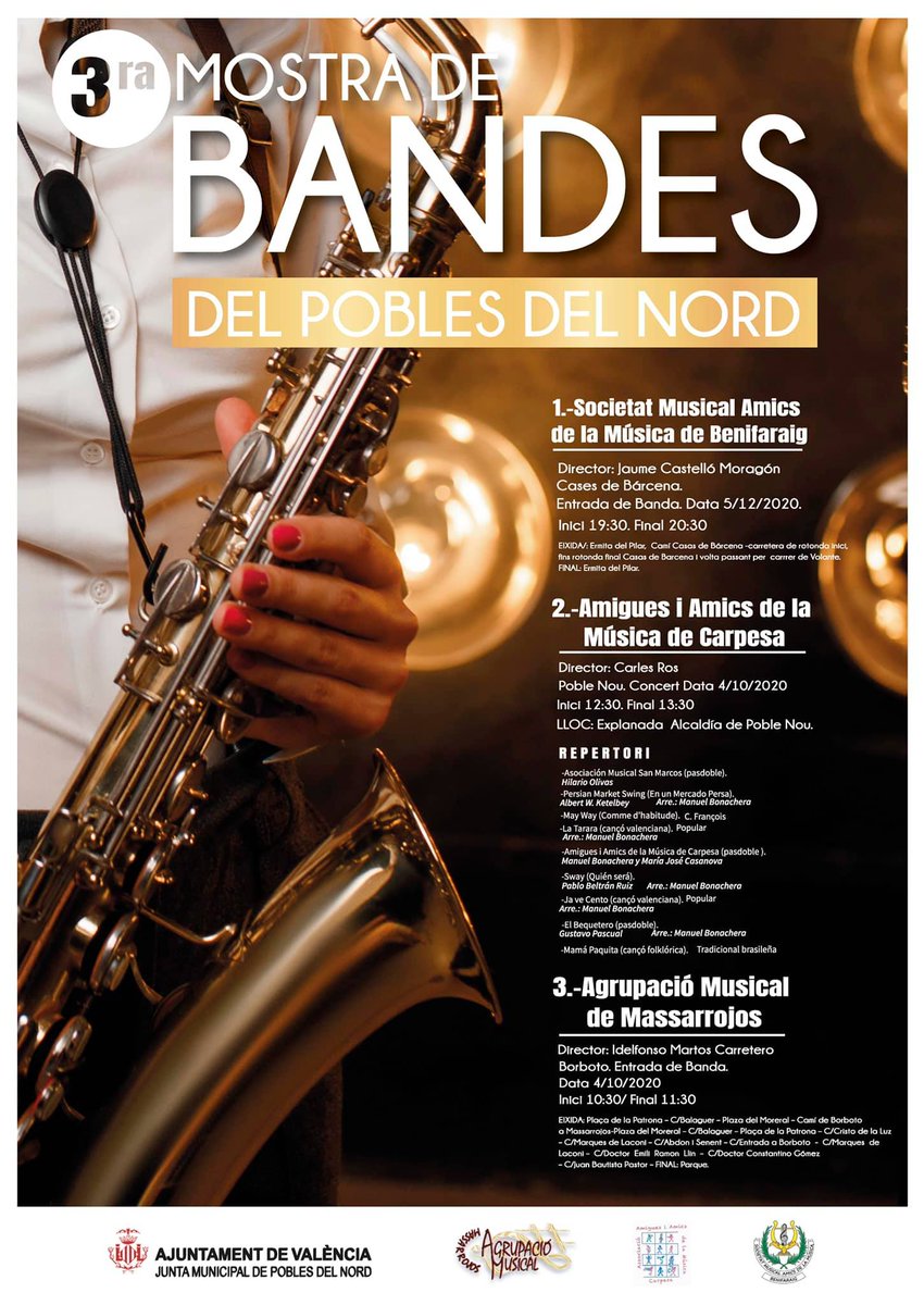 🎼 Pasacalles Societat Musical de Benifaraig
🗓 Sábado 5 de Diciembre
🕢 19:30
🎭 Cases de Bàrcena (Valencia)
🎺 <a href="/SMBenifaraig/">Societat Musical de Benifaraig</a>