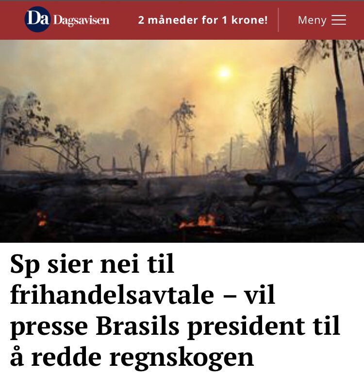 .<a href="/Senterpartiet/">Senterpartiet</a> er befriende tydlig på at klima og urfolk går foran frihandel med Bolsonaro! Jeg tror nok <a href="/AsmundAukrust/">Åsmund Aukrust</a> og <a href="/Arbeiderpartiet/">Arbeiderpartiet</a> lander på det samme 👍
Hva gjør Krf og V da? 
Dette blir en thriller, regnskogen står på spill 
<a href="/Dagsavisen/">Dagsavisen</a> <a href="/GreenpeaceNorge/">Greenpeace Norge</a> #dax18