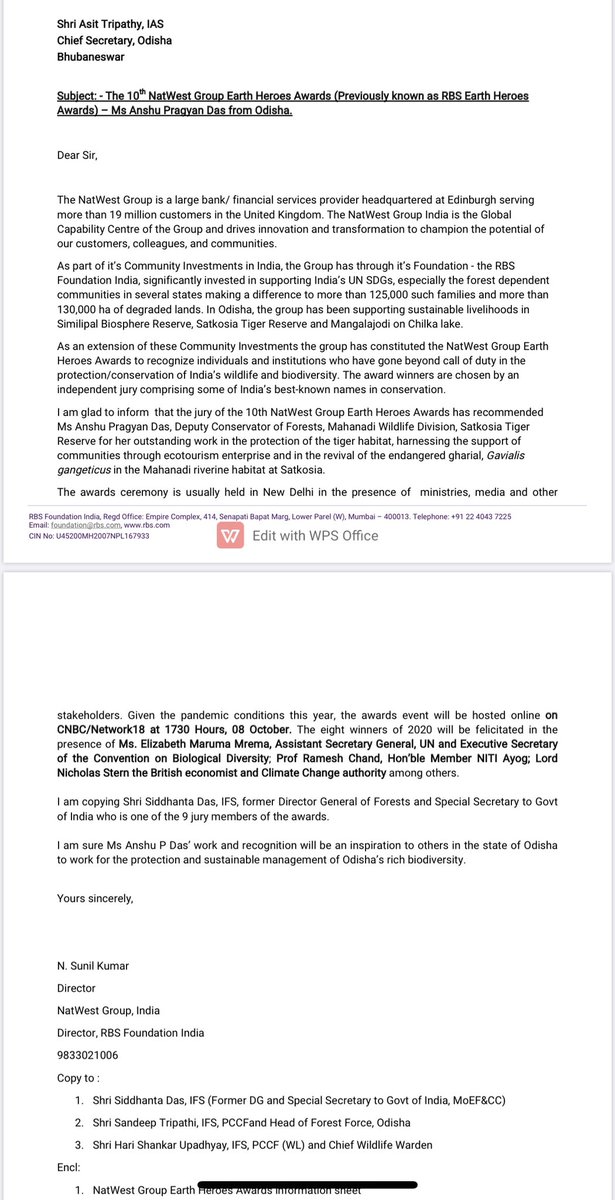 Ms Anshu Pragyan Das DFO Ecotourism Odisha gets the prestigious #RBS (Natwest) Award  (Green Warrior- category) for her 5 years conservation work as DFO Mahanadi at Satkosia Tiger Reserve. She is credited for developing Satkosia #Ecosite  with local community.
congratulations..