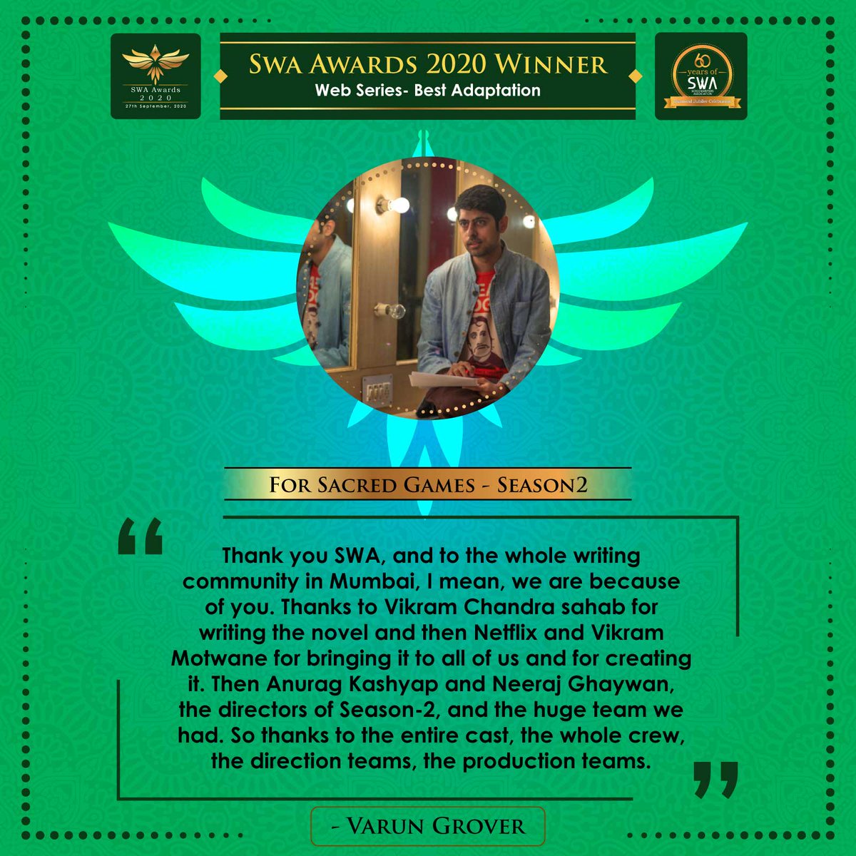 swaindiaorg's tweet photo. Varun Grover @varungrover  speaks on WINNING the #SWAAwards2020 for 'Web Series : Best Adaptation'!

#WinnersQuote #SWAIndia #SWAturns60 #screenwriters https://t.co/tUbKBLjXWX