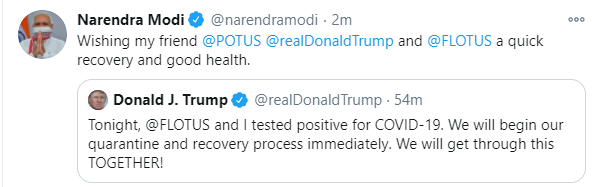 First India On Twitter Pm Narendramodi Wishes Quick Recovery To His Friend Donaldtrump And Melaniatrump From Covid 19 Trumphascovid Trump Trumptestspositive Trumptestspositive Https T Co 3ocui3fa7g
