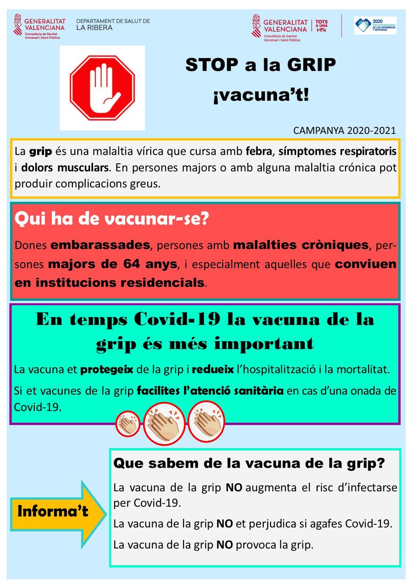 GVAlaRibera's tweet photo. 🔊 Aquest dilluns 5 d'octubre comença oficialment la Campanya de Vacunació contra la Grip. 
👉Si tots els anys és importantíssim que els grups de risc es vacunen, enguany encara ho és més pel virus de la covid-19‼️ 
✅"Jo em vacune. Enguany marque la diferència"
#GripeYoMeVacuno https://t.co/6dlyQkJ94C
