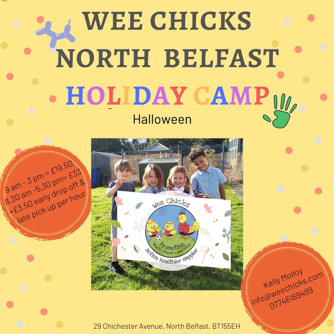 WeeChicks's tweet photo. Book Now for Halloween Break. Limited Spaces available. Lots of fun filled activities, arts & crafts, mindfulness, free play, science & outdoor fun. #holidayfun #kidsmindsmatter #holidayssorted
#belfasthour
https://t.co/MILPoN4Kto https://t.co/0bWUoyPWbt