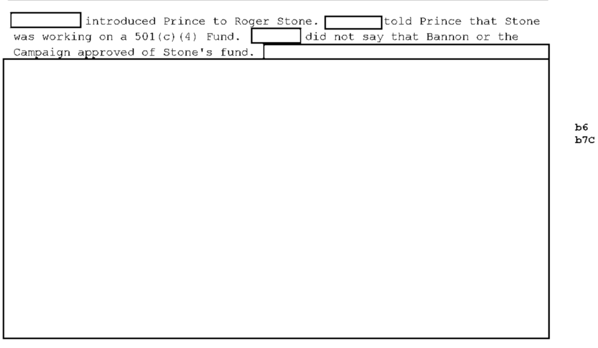 Here DOJ hides Prince's involvement in Roger Stone's racist voter suppression efforts that involved coordination with the campaign behind a privacy redaction.