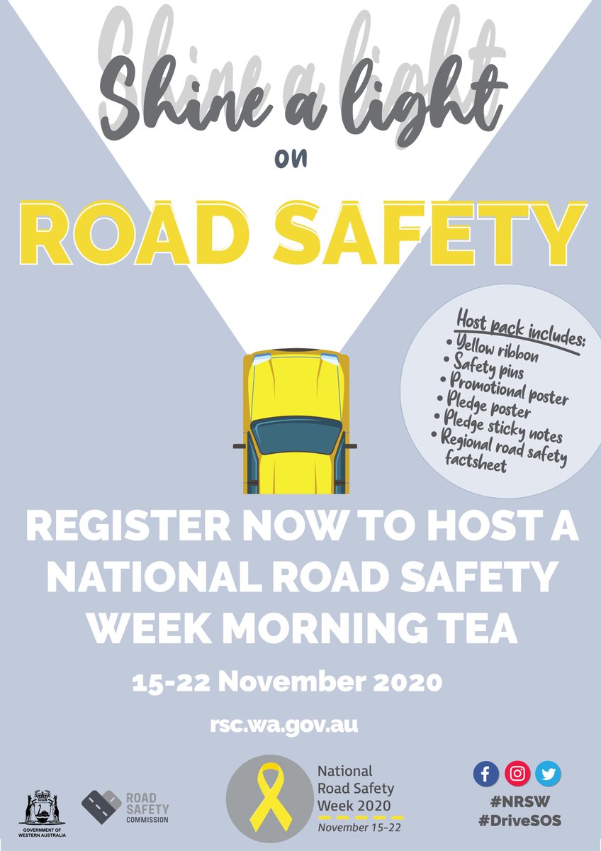 In Support of National Road Safety Week from 15-22 November, <a href="/RoadSafetyWA/">Road Safety Commission Western Australia</a> is encouraging you to host a morning tea to talk about road trauma in your community, honour those we have lost, and pledge to make the road safer for everyone. To register: bit.ly/36DeEaD