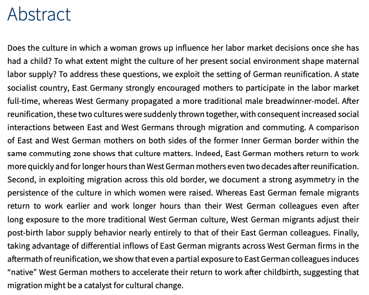 New WP: Wind of Change? Cultural Determinants of Maternal Labor SupplyAnna Raute  @qmuleconomics, Uta Schönberg  @EconUCL  @CReAM_Research and I study the effect of childhood culture and present social environment on the return-to-work decision of mothers.  1/n  #EconTwitter