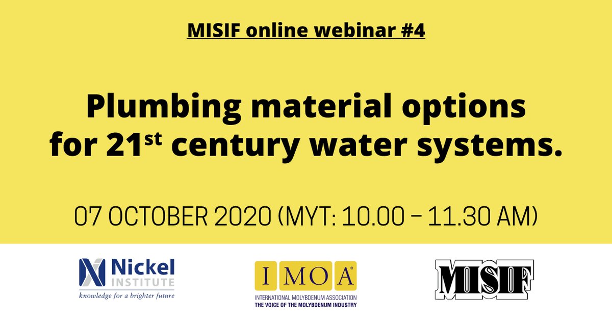 ONLY A FEW SLOTS LEFT! REGISTER NOW! Join <a href="/David/">David Noël</a> Nicholas and <a href="/Kim/">Kim</a> Burton, the NickelInstitute, MISIF and IMOA for an online webinar on the use of #stainlesssteels  in the water Industry on 7 Oct MYT: 10.00
⏰ Registration closes 10.00am (MST) 6 Oct
