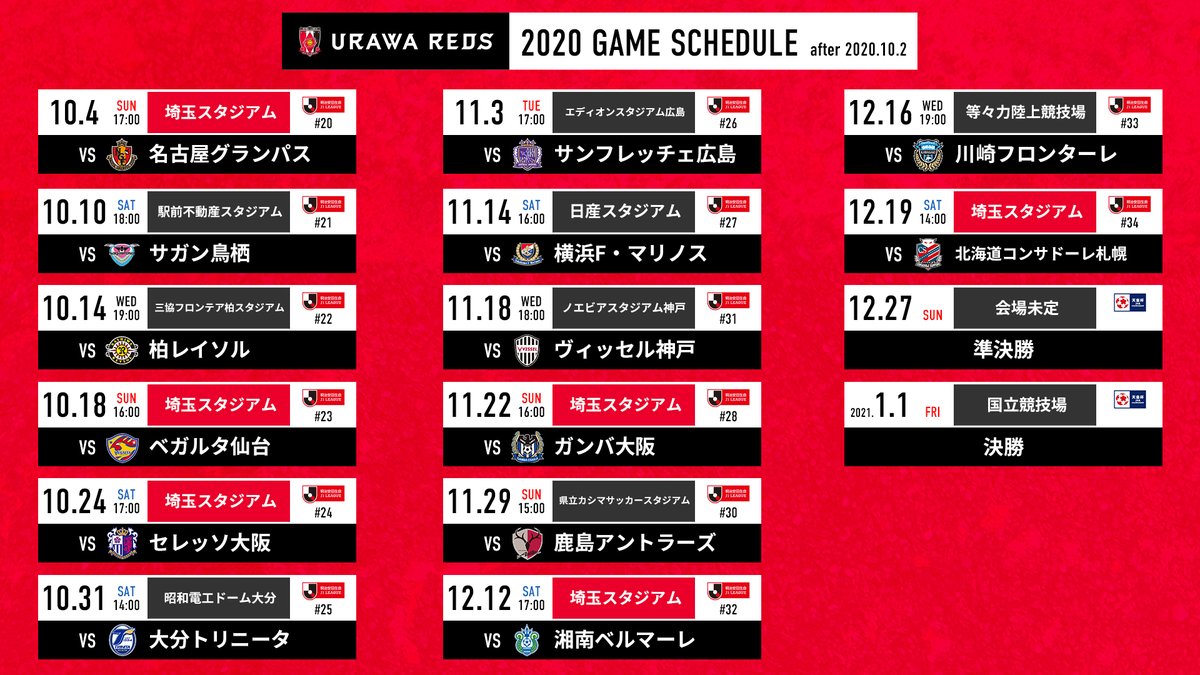 浦和レッズオフィシャルさんのツイート 10 2 Jリーグから11月 12月に行われます 明治安田生命j1リーグ の試合日程 会場 キックオフ時刻 テレビ中継等が発表されましたので お知らせいたします 詳しくはこちら T Co Xolbrbf0el Urawareds